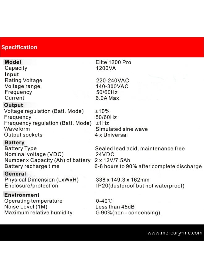 Mercury Elite 1200 Pro UPS, 1200VA/720W, Offline, 4 Universal Sockets, 2 Batteries - Image 5